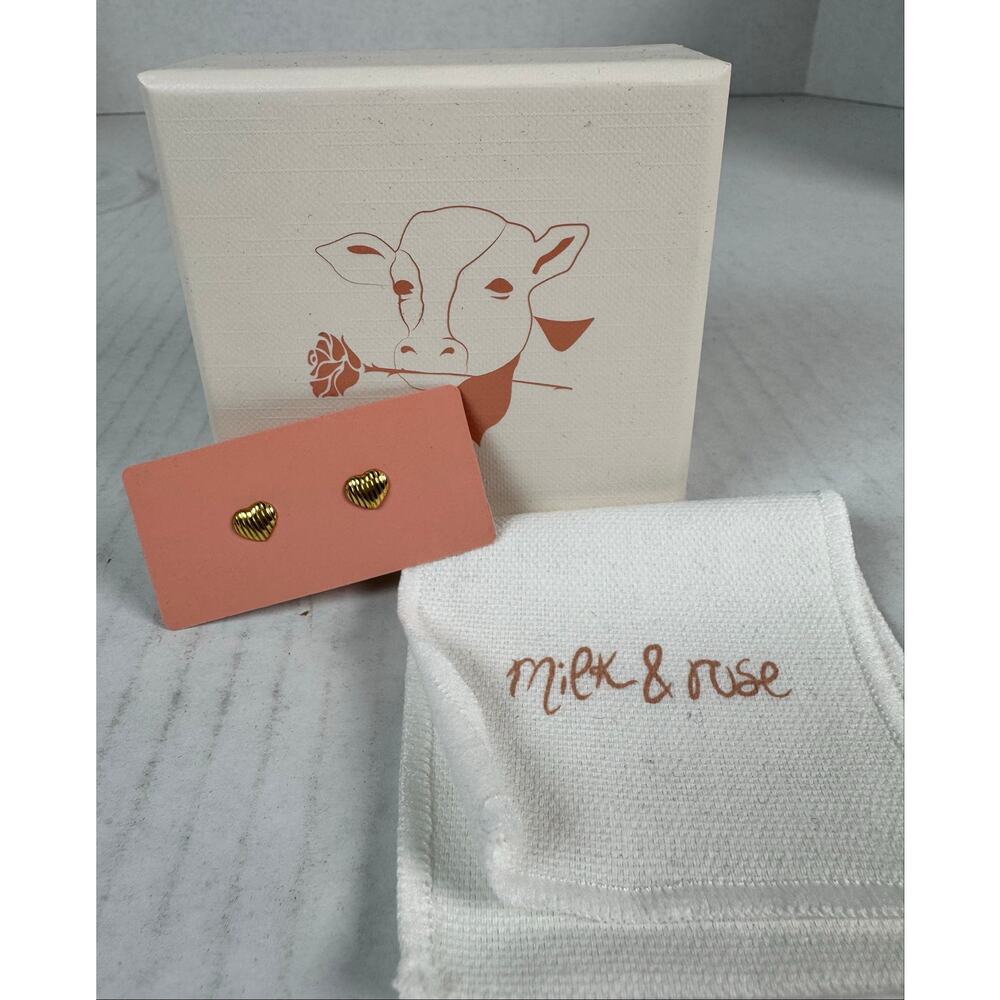Milk & Rose Gold Tone Heart Stud Earrings With Box & Pouch